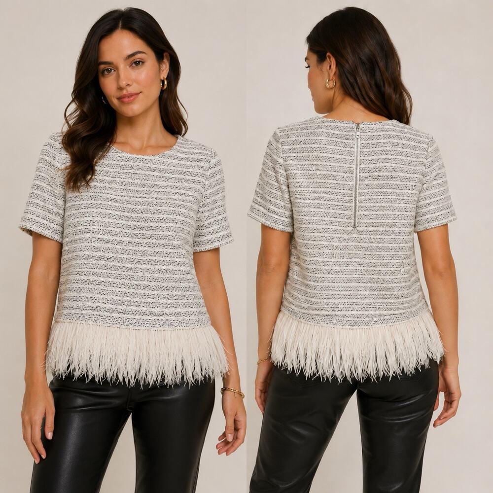 Anthropologie Deletta Boucle Feather Trim Party Top M